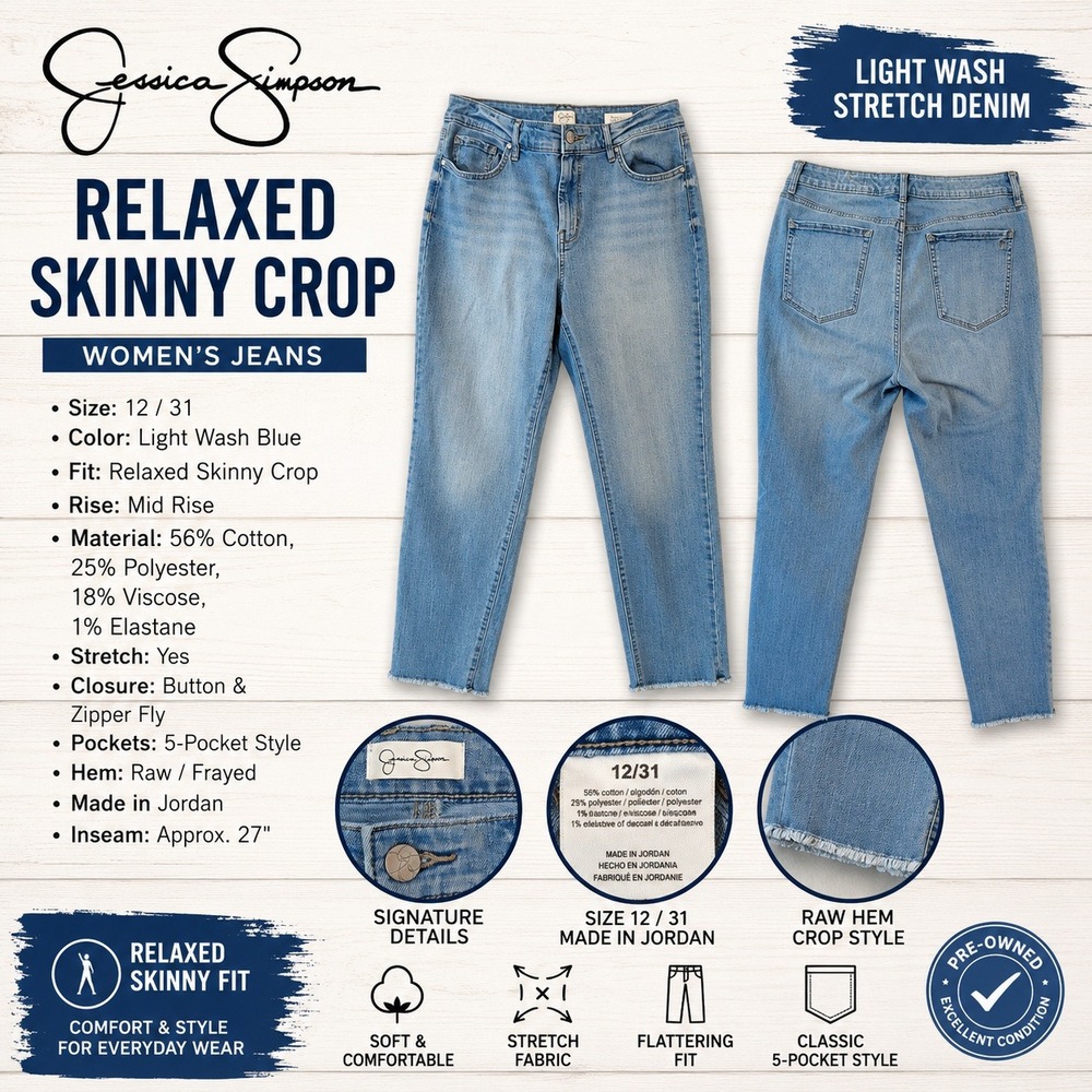 Jessica Simpson Relaxed Skinny Crop Jeans Light Wash Blue Raw Hem Size 12/31